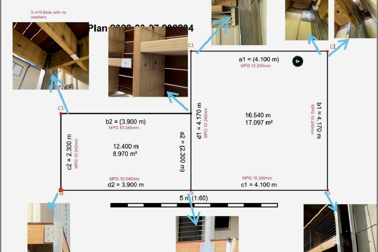 Site Inspections annotated survey plan of the deck showing measured dimensions and photographic callouts to defective connections