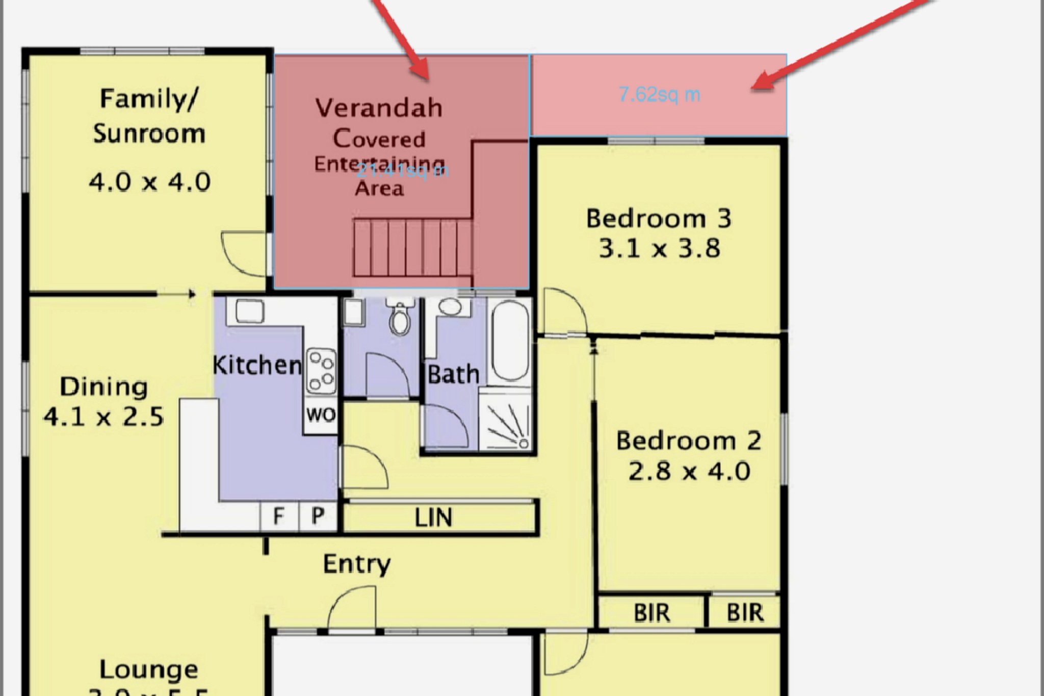 Floor plan of a single storey house from a Site Inspections report, with the covered entertaining area and verandah at the rear shaded in red and marked with arrows to show the extent of the works inspected