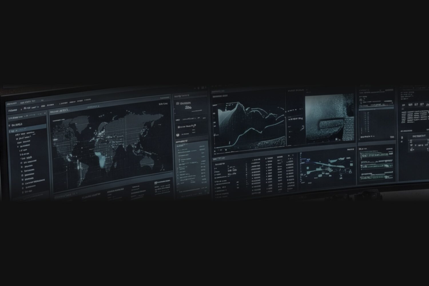 A wall of dark data displays showing charts, tables and a world map in a low-lit technical operations room