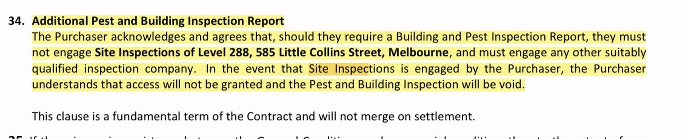 Special Condition 34 of a contract of sale, highlighted, requiring that the purchaser must not engage Site Inspections and that access will not be granted if they do