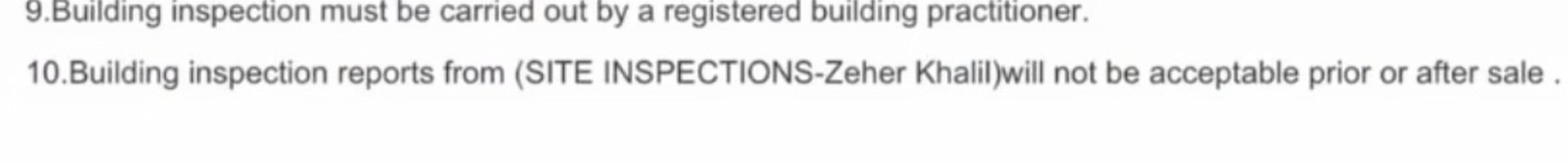 Special conditions from a second contract of sale requiring a registered building practitioner at clause 9 and excluding Site Inspections at clause 10