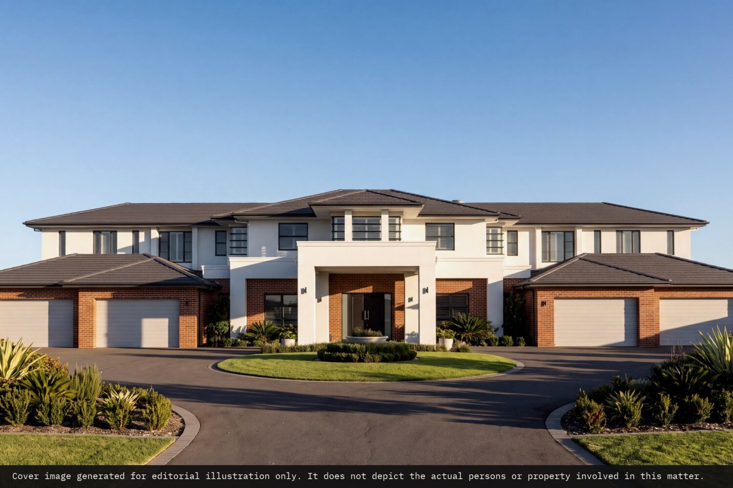 Large modern Australian two-storey home with double garages and a circular driveway. Editorial illustration; it does not depict the property in this matter.
