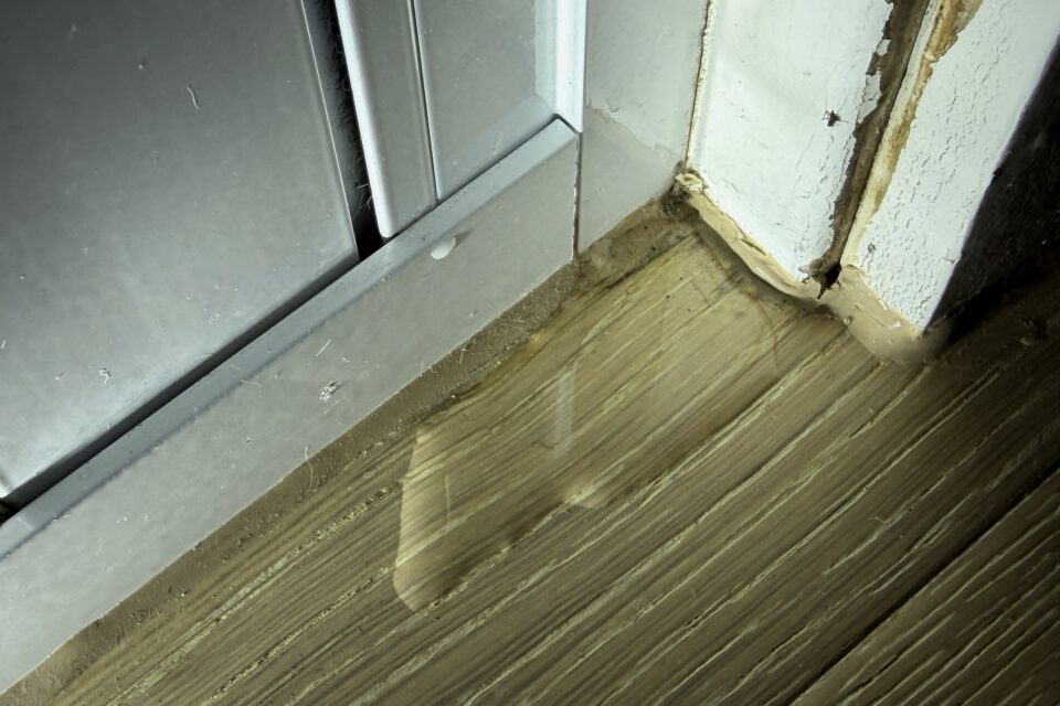 Water pooling along a door threshold with staining tracking into the timber floor and the frame deteriorating at the base