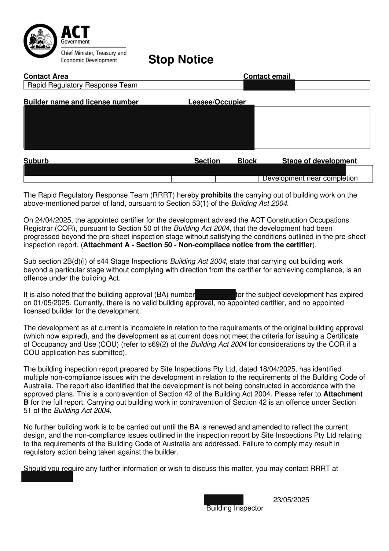 A redacted ACT Government Stop Notice issued under section 53(1) of the Building Act 2004, recording that the report prepared by Site Inspections Pty Ltd identified multiple non-compliance issues