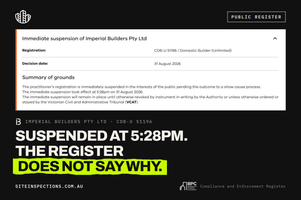 Screenshot of the Building and Plumbing Commission Compliance and Enforcement Register entry recording the immediate suspension of Imperial Builders Pty Ltd, registration CDB-U 51196, decision date 31 August 2026