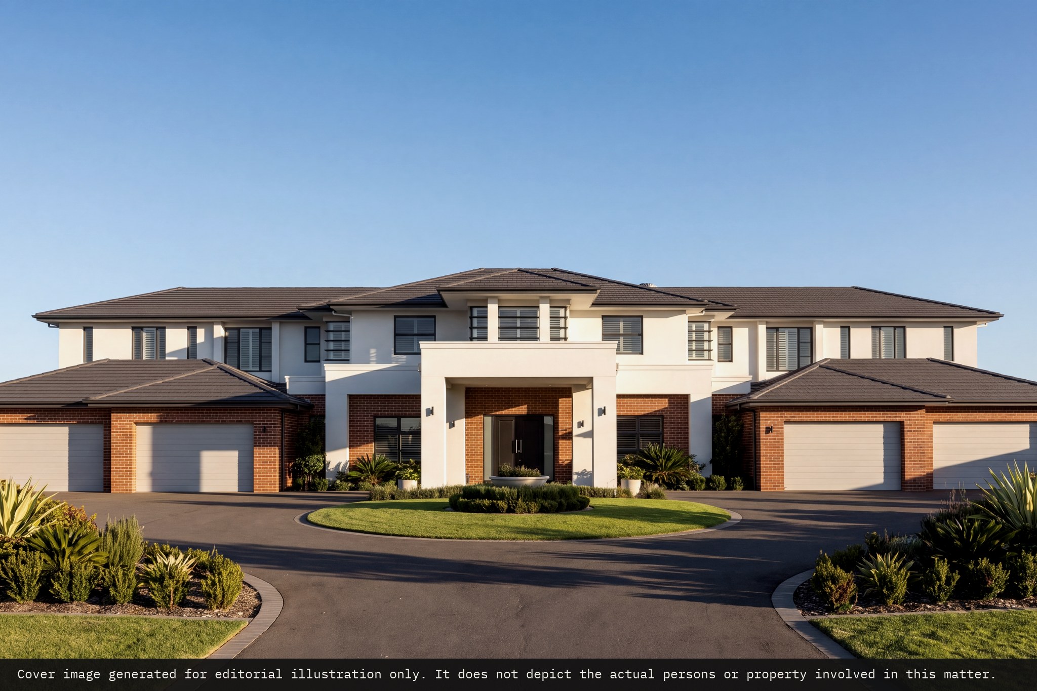 A large modern Australian two storey home with double garages either side and a circular driveway
