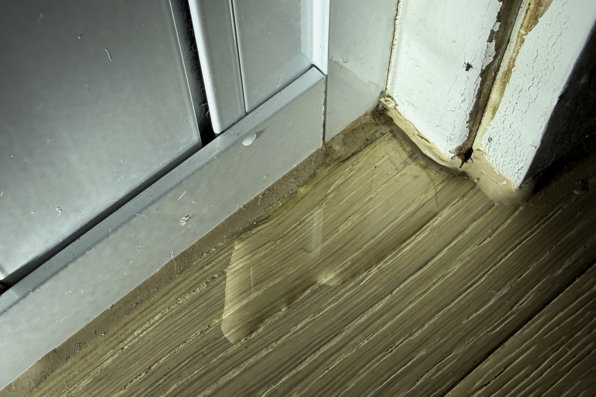 Water pooling along a door threshold with staining tracking into the timber floor and the frame deteriorating at the base