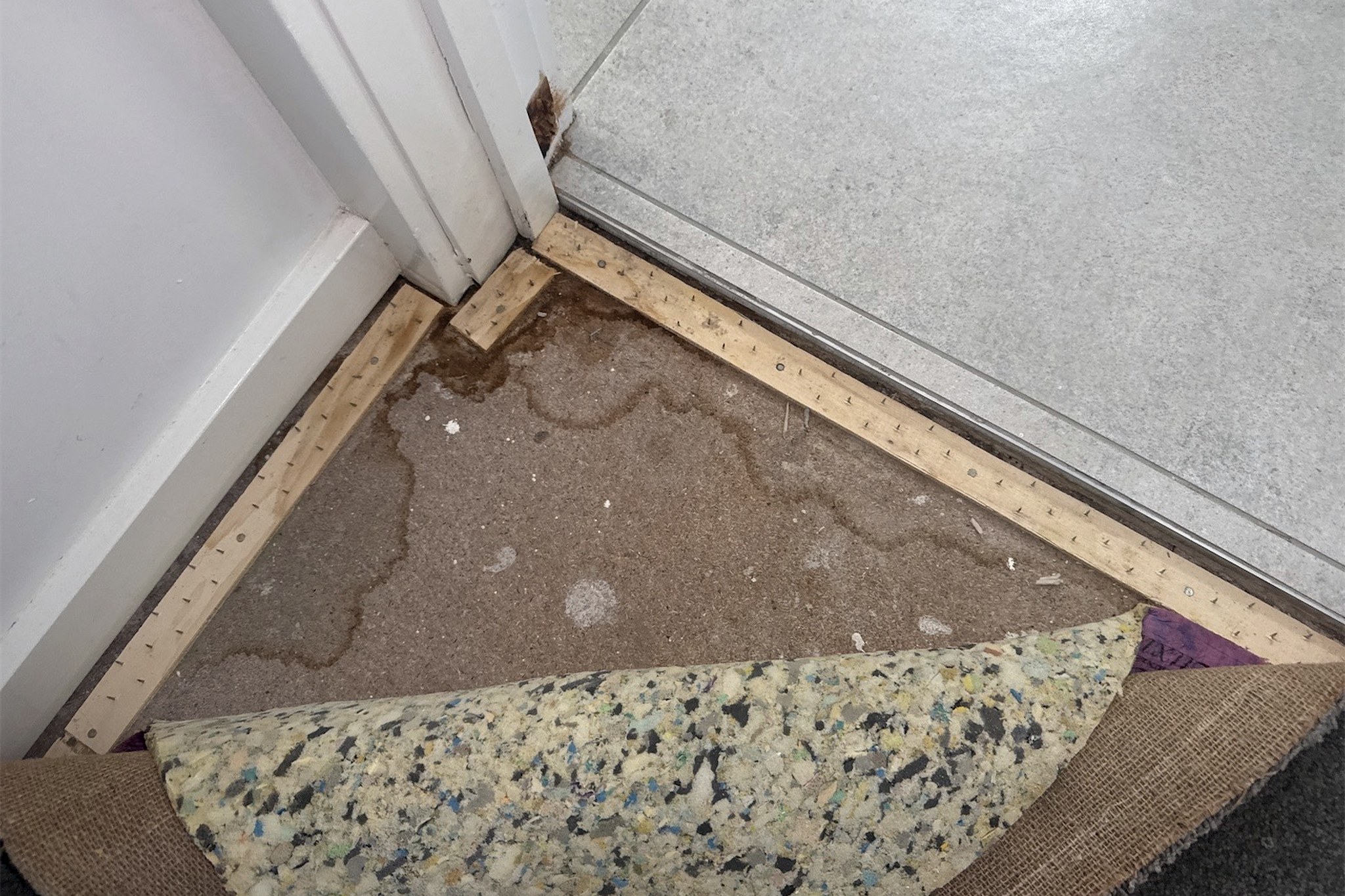 Carpet and underlay folded back at a tiled bathroom threshold, revealing tidemarks of staining tracking out across the floor beneath