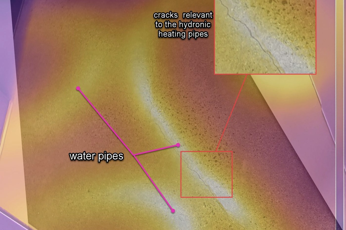 Thermal image tracing hot water pipes below a concrete slab